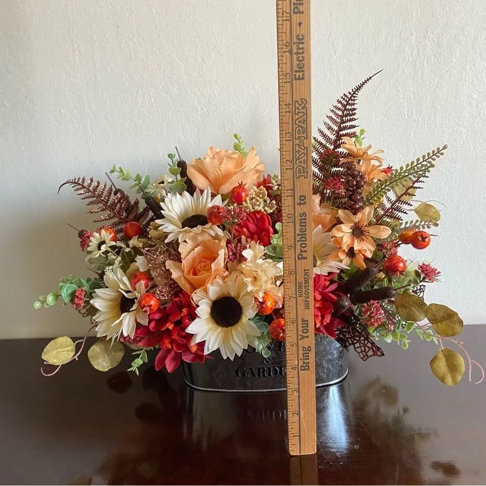 Faux Floral Bouquet With Peach Roses/Cream Sunflowers